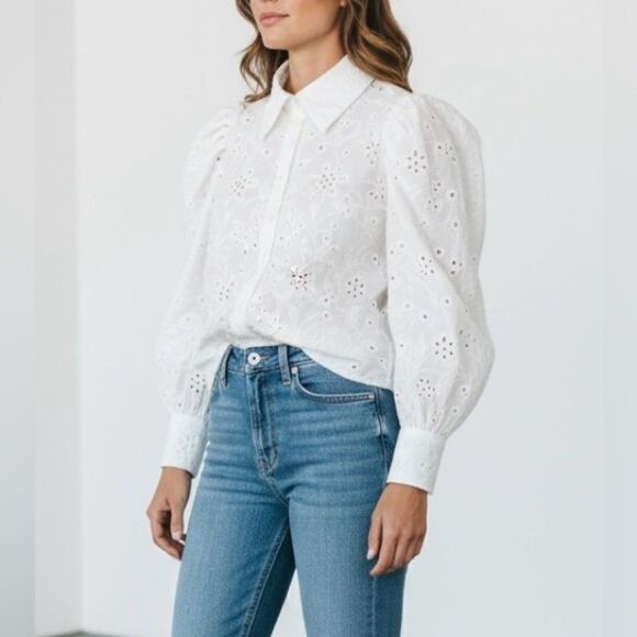 BCBGMAXAZRIA White Eyelet Puff Sleeve Blouse Size 6 Cotton Lined Embroidered - Picture 1 of 13